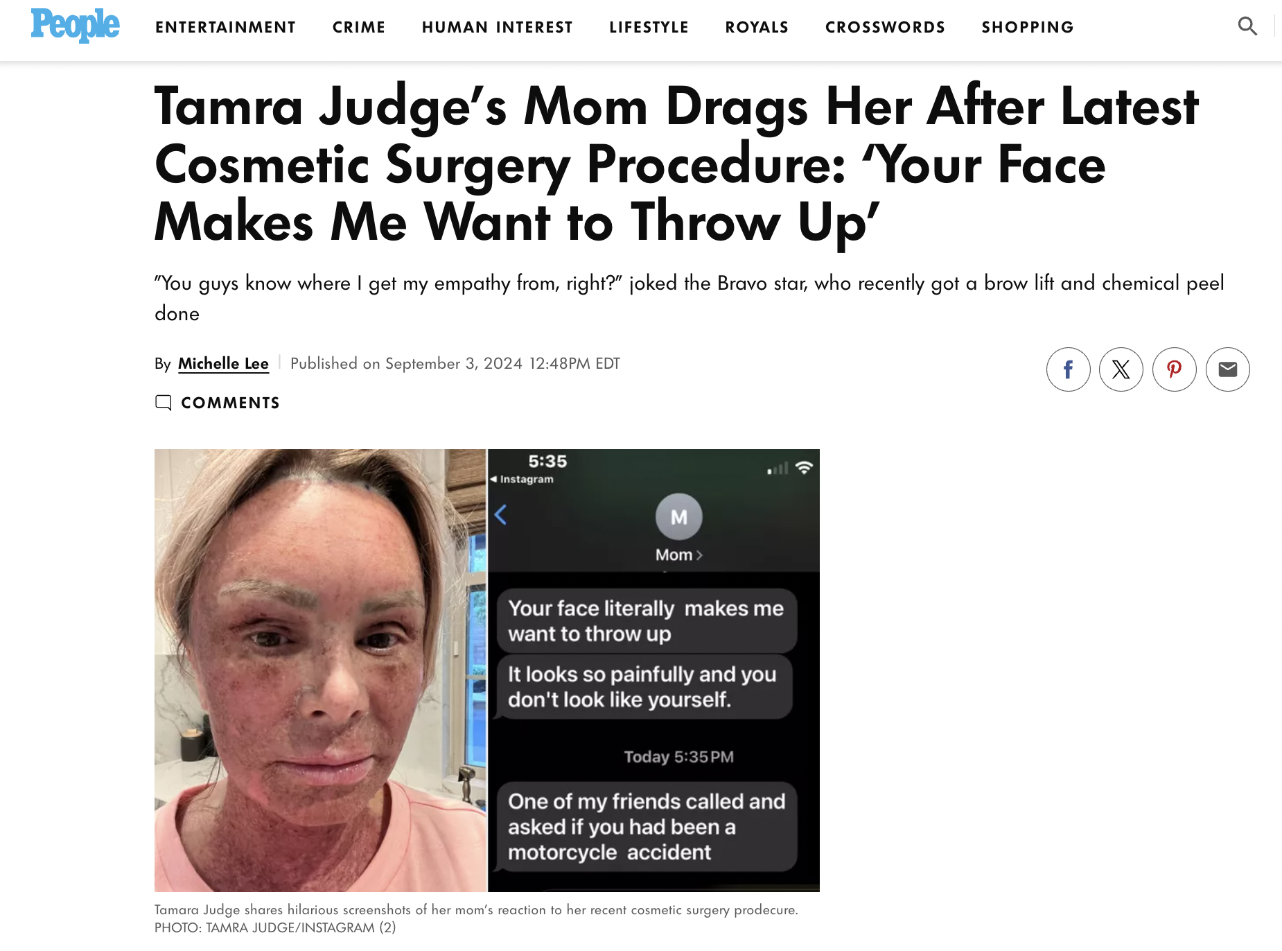 screenshot - People Entertainment Crime Human Interest Lifestyle Royals Crosswords Shopping Tamra Judge's Mom Drags Her After Latest Cosmetic Surgery Procedure 'Your Face Makes Me Want to Throw Up' "You guys know where I get my empathy from, right?" joked